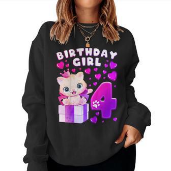キッズ 4歳の誕生日、4歳の女の子、子猫、番号4 レディーススウェットシャツ - Kawaiitshirt
