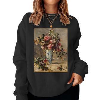ピエール・オーギュスト ルノワールのバラとジャスミン デルフト花瓶 長袖tシャツ レディーススウェットシャツ - Kawaiitshirt