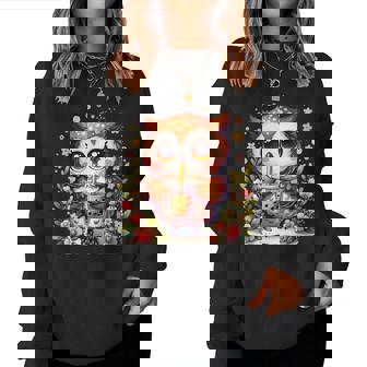 フクロウ ドリンク ボバ ティー ボヘミアン 羽 女の子 花 ニューエイジ レディーススウェットシャツ - Kawaiitshirt