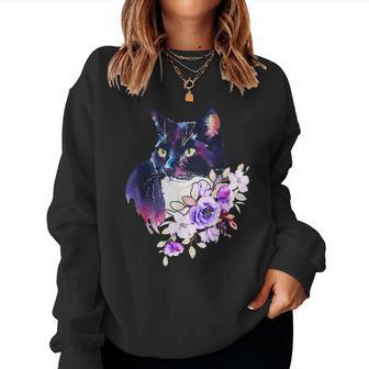 花と猫、水彩画のような表情 レディーススウェットシャツ - Kawaiitshirt