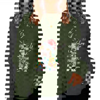 American Bulldog Christmas Lights Santa Hat Reindeer Pajama Women Sweatshirt - Monsterry