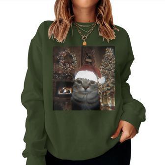 Meme Cat Taking A Selfie Christmas Xmas Lights Holiday Women Sweatshirt - Thegiftio UK