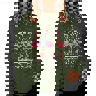 Merry Christmas Flamingo Santa Hat Lights Snow Women Sweatshirt | Mazezy