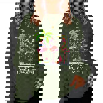 Merry Christmas Flamingo Xmas Palm Tree Light Tropical Women Sweatshirt - Thegiftio