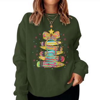 Merry Christmas Pencil Tree Teacher Coquette Bow Women Sweatshirt - Thegiftio UK