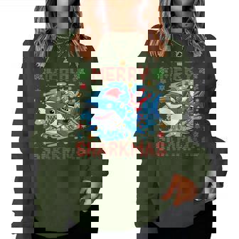 Merry Sharkmas Santa Riding Shark Christmas Lights Women Sweatshirt - Monsterry