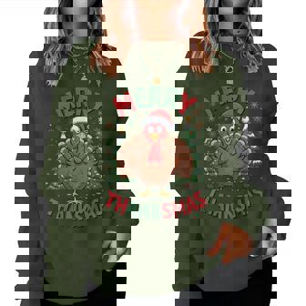 Merry Thanksmas Turkey Santa Hat Christmas Tree Fall Humor Women Sweatshirt | Mazezy