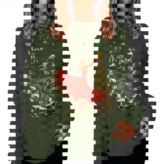 Vintage Merry And Bright Christmas 1950 Girl Decorating Tree Women Sweatshirt | Mazezy