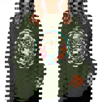 Vintage Santa Victory Sign Christmas Tree Fireplace Retro Women Sweatshirt - Monsterry