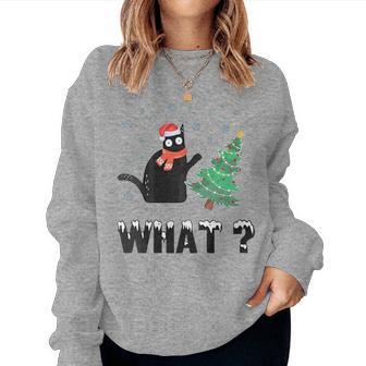 Black Cat Pushing Christmas Tree Over Cat Christmas Women Sweatshirt - Thegiftio