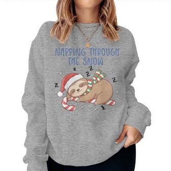 Napping Through The Snow Quote Christmas Sloth Candy Cane Women Sweatshirt | Mazezy