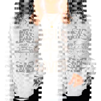 Christian Workout Jesus Saves Gym God Lifting Cross Dumbbell Women Sweatshirt - Monsterry