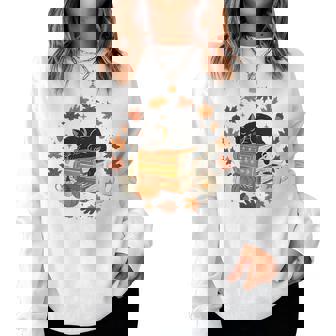 Cute Cat Fall In Love With Reading Book Cat Lover Librarian Women Sweatshirt - Monsterry