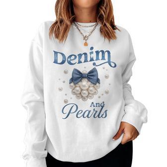 Denim And Pearls Bow Jean Western Cowgirl Ladies Girls Women Women Sweatshirt - Thegiftio UK