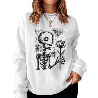 Hand Drawn Skeleton Holding Flower Women Sweatshirt - Thegiftio UK