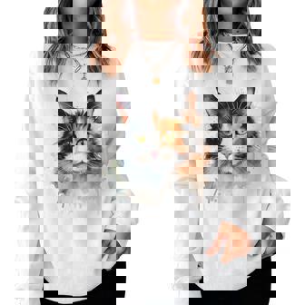 クールな水彩 三毛猫顔 三毛猫 お母さん 猫 お父さん レディーススウェットシャツ - Kawaiitshirt