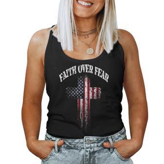 American Usa Flag Christian Cross Faith Over Fear Women Tank Top - Seseable