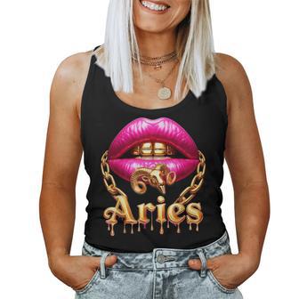 Aries Queen Girl Zodiac Birthday Pink Lips Gold Chain Women Tank Top - Thegiftio UK