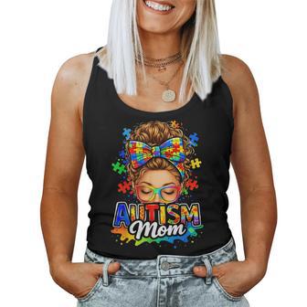 Autism Mom Puzzle Awareness Messy Bun Glasses Women Tank Top - Monsterry