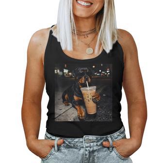 Dog Rottweiler Drinking Iced Coffee Animal Meme Women Tank Top - Thegiftio UK