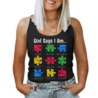 God Says Autism Awareness Christian Faith Puzzle Autistic Women Tank Top - Monsterry