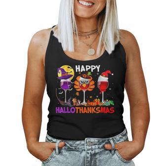 Happy Hallothanksmas Wine Glass Turkey Santa Drinking Women Tank Top - Thegiftio UK