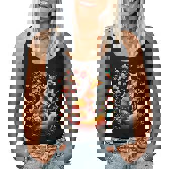 Japanese Fox Cherry Blossom Flower Women Tank Top | Mazezy