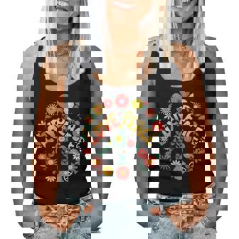 Love Peace Flower Power レトロ ヒッピー フローラル ピースマーク レディースタンクトップ - Kawaiitshirt