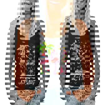 Merry Christmas Flamingo Xmas Palm Tree Light Tropical Women Tank Top - Thegiftio