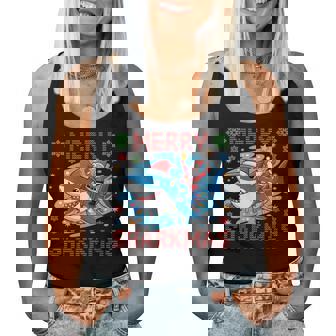 Merry Sharkmas Santa Riding Shark Christmas Lights Women Tank Top - Monsterry