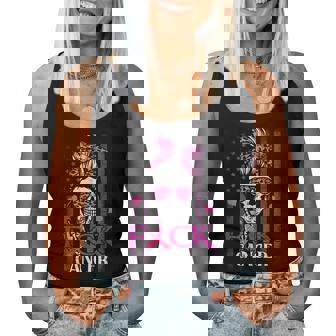 Messy Bun Skull Breast Cancer Awareness Fuck-Cancer Usa Flag Women Tank Top - Thegiftio