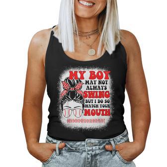 Messy Bun Softball Mom My Boy May Not Always Swing But I Do Women Tank Top - Monsterry