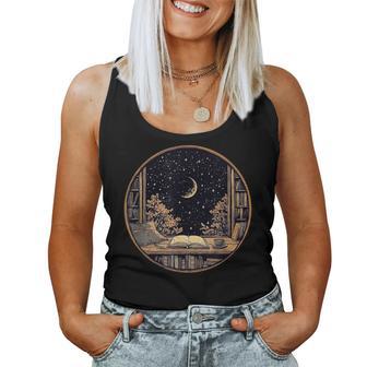Moon Book Bookshelf Library Coffee Cup Star Stars Pattern Women Tank Top - Thegiftio UK