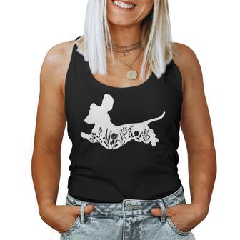 Retro Floral Dachshund Silhouette Doxie Dog Lover Woman Women Tank Top | Mazezy