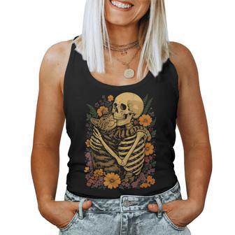 Skeleton Hugging Cat Floral Halloween Cats Lover Women Tank Top - Thegiftio UK