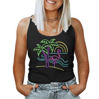 Vintage 80S Pink Flamingo Palm Tree Summer Vacation Beach Women Tank Top - Monsterry