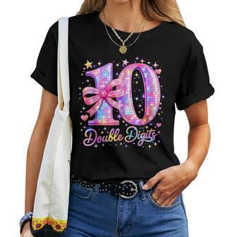 10Th Birthday Girl Pink Coquette Bow 10 Year Old Disco Ball Women T-shirt - Thegiftio UK