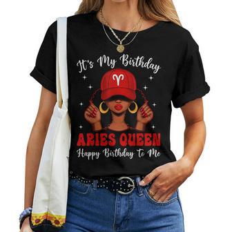 Aries Queen Afro Red Cap Black Girl Birthday Women T-shirt | Mazezy