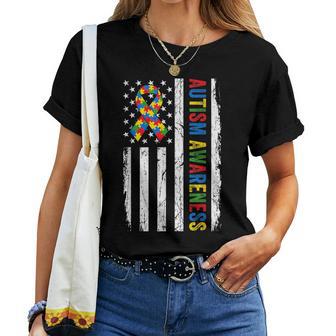 Autism Awareness American Flag Puzzle Dad Mom Womens Women T-shirt | Mazezy