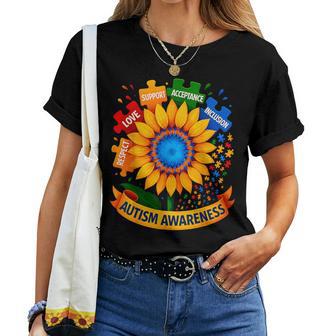 Autism Awareness Sunflower Respect Love Support Blue Autism Women T-shirt - Thegiftio