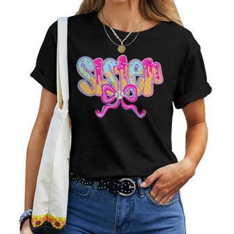 Baseball Sister Drip Ice Cream Baseball Bow Game Day Women T-shirt - Thegiftio