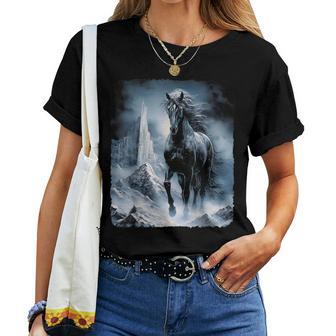 Beautiful Black Horse Running Through The Snow Women T-shirt - Thegiftio UK