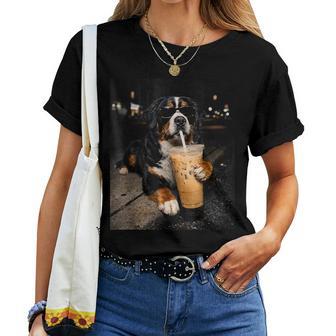 Bernese Mountain Drinking Iced Coffee Lover Humor Meme Women T-shirt - Thegiftio