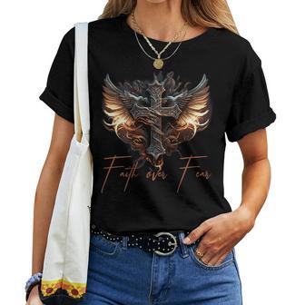 Biker Angel Wings Christian Cross Faith Over Fear On Back Women T-shirt - Thegiftio UK