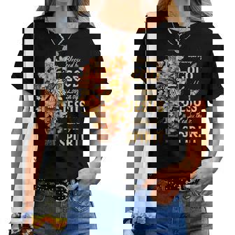 Blessed By God Loved By Jesus Fall Leaves Christian Cross Women T-shirt | Mazezy