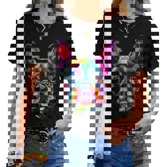 Colorful Boston Terrier Face Cute Dog Lover Black Women T-shirt | Mazezy