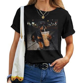 Dog Rottweiler Drinking Iced Coffee Animal Meme Women T-shirt - Thegiftio UK
