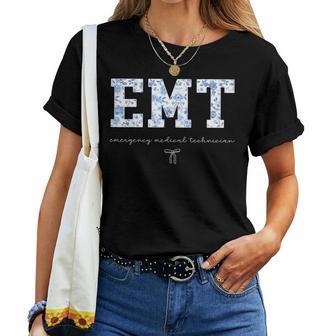 Emt Floral Blue Coquette Bow Emergency Medical Technician Women T-shirt | Mazezy