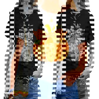 Fall Patchwork Pumpkin Autumn Halloween Thanksgiving Women T-shirt | Seseable CA