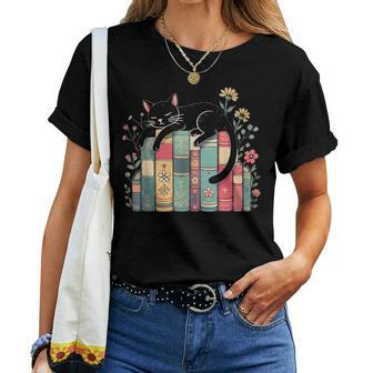 Floral Black Cat Sleeping On Books Women T-shirt | Mazezy